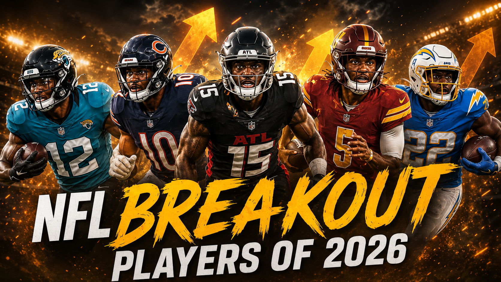 Five professional football players featured in a bold NFL Breakout Players of 2026 prediction graphic