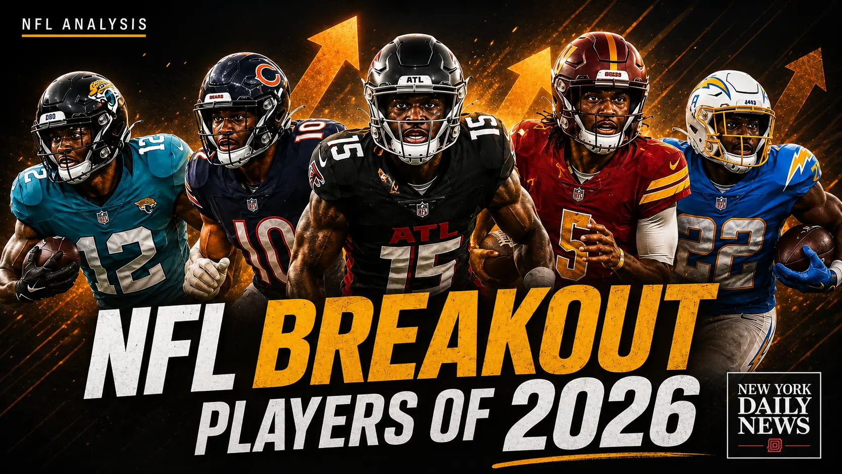 NFL players featured in a 2026 breakout player analysis graphic highlighting potential rising stars