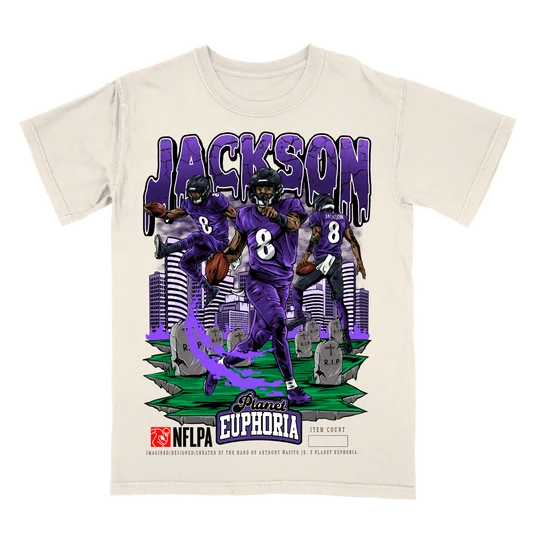 Hand-drawn Lamar Jackson Fat Head graphic tee, Baltimore quarterback design, limited to 500