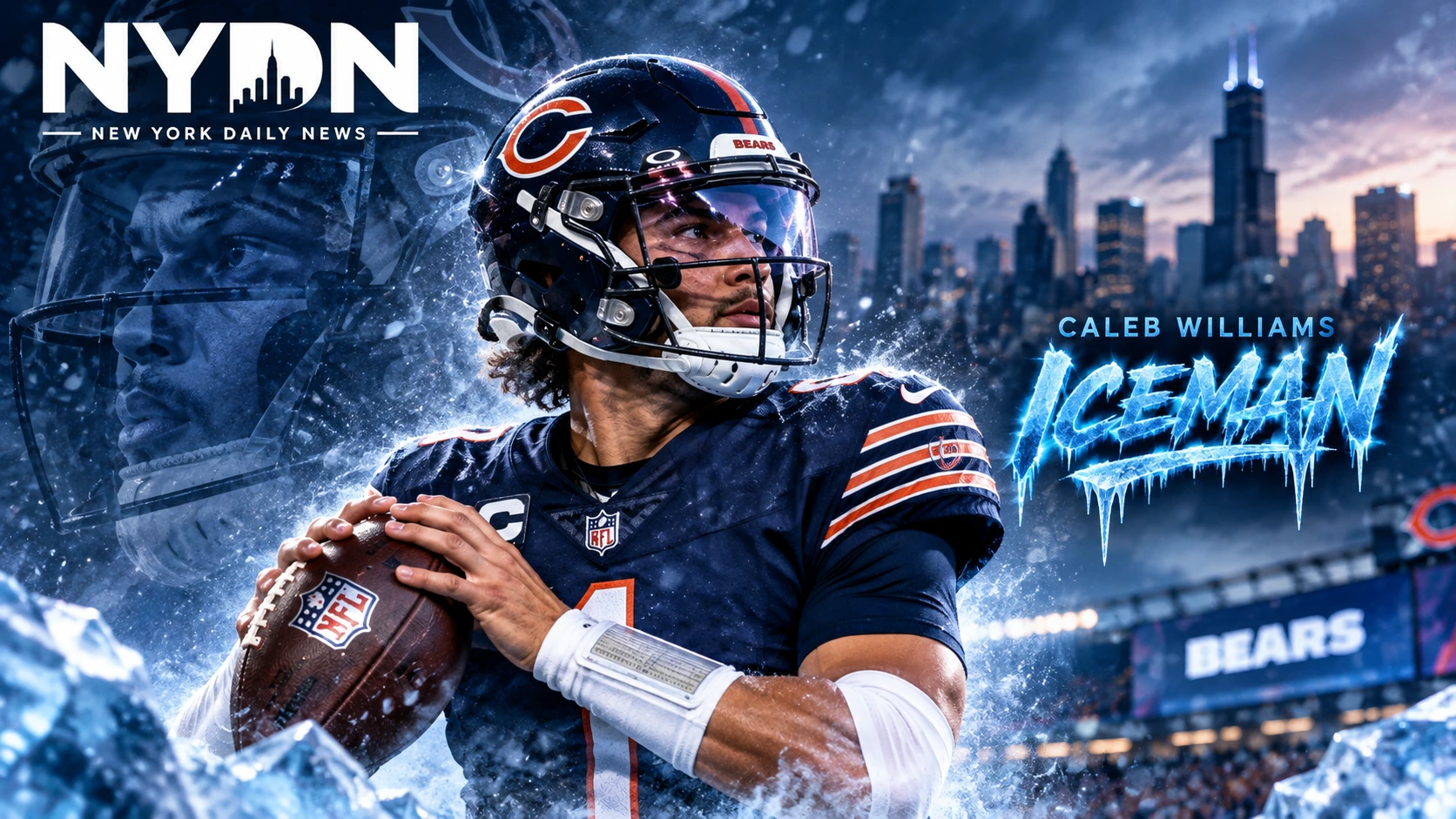 Caleb Williams holding a football in an icy Chicago stadium scene for a New York Daily News feature on the Bears quarterback’s Week 1 breakout.