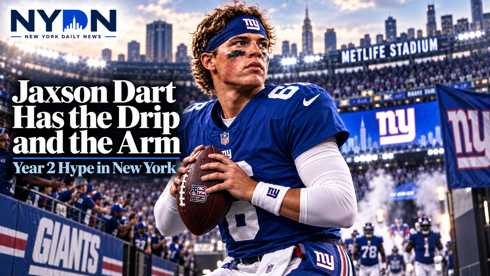 Jaxson Dart holding a football in a New York Giants stadium setting for a New York Daily News feature on his Year 2 breakout potential and off-field style.