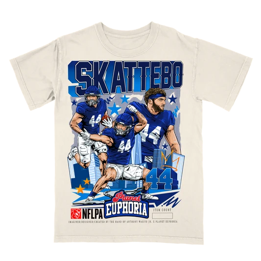 Hand-drawn Cam Skattebo graphic t-shirt, New York running back design, numbered to 500
