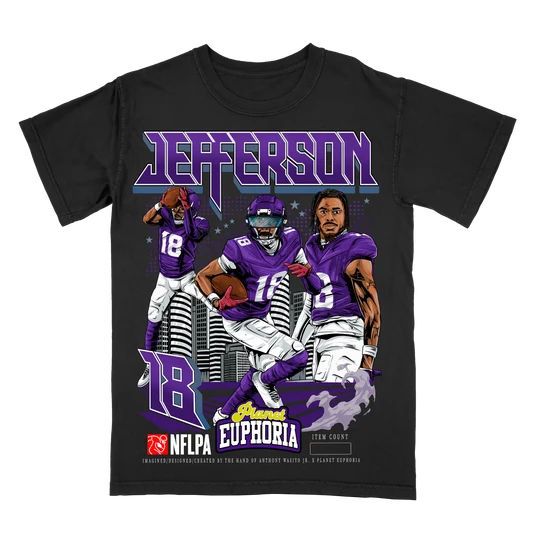 Justin Jefferson V2 graphic t-shirt, Minnesota wide receiver design, numbered to 500